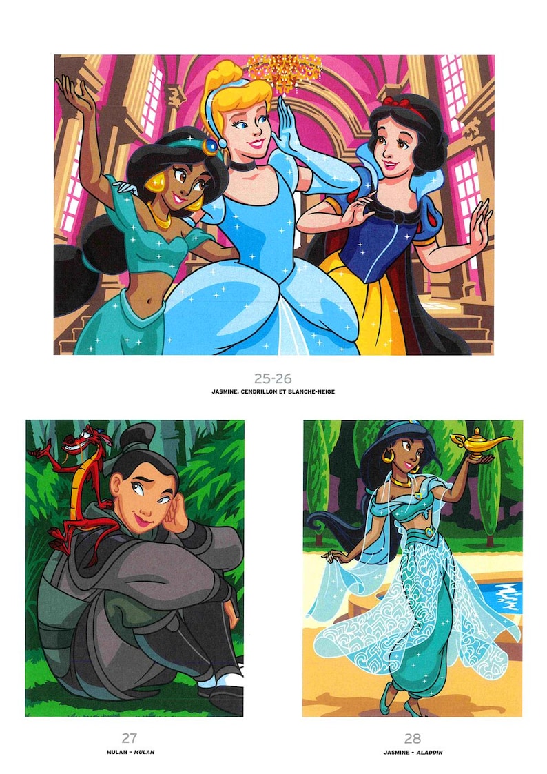 May include: Colorful illustrations of Disney princesses Jasmine, Cinderella, and Snow White, with Mulan and Jasmine from Aladdin. The princesses are depicted in their iconic outfits, with vibrant colors and detailed backgrounds. Text includes "Jasmine, Cendrillon et Blanche-Neige", "Mulan - Mulan", and "Jasmine - Aladdin".