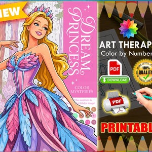 Peut inclure: Une page d'art-thérapie numérique à colorier par numéros représentant une princesse blonde dans une robe à motifs de plumes roses et bleues. L'image inclut le texte Dream Princess Color Mysteries, des icônes PDF, un graphique d'imprimante et un sceau.