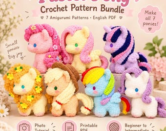 Pastel Pony Crochet Pattern Bundle PDF, 7 Amigurumi Pony Patterns, Plush Crochet Animals, English Spanish Digital Download