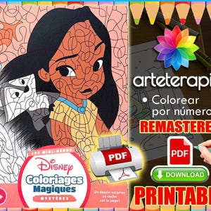 Könnte beinhalten: Ein ausdruckbares Malbuch mit einem Cartoon-Bild eines indianischen Mädchens und eines Wolfes. Das Buch trägt die Aufschrift "Disney Coloriages Magiques Mystères" und "Druckbar". Das Bild enthält auch den Text "arteterapia" und "Coloring by numbers REMASTERED".