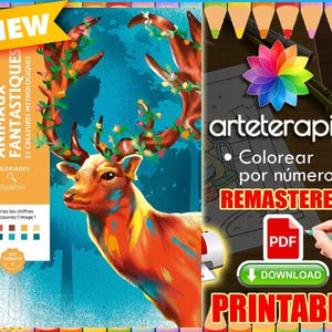 Puede incluir: Una portada de libro para colorear imprimible con una ilustración de un ciervo con cuernos florales. La portada incluye el texto "ANIMAUX FANTASTIQUES ET CREATURES MYTHOLOGIQUES" y "Coloriez les chiffres et découvrez l'image!" con una pancarta "NEW".