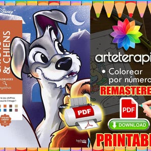 Può includere: Un libro da colorare Disney stampabile con un'illustrazione di un cane dei cartoni animati, intitolato "CHIOTS & CHIENS" e il testo "COLORIAGES mystères". L'immagine include anche le parole "REMASTERED" e "PRINTABLE", e un'icona di download PDF.