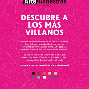 May include: A pink coloring book titled "Villains" with the text "Anti-stress Art" and "Discover the Villains". The book features a color palette and instructions. The Disney logo is visible.