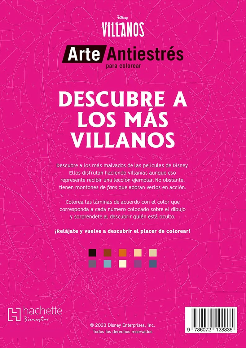 May include: A pink coloring book titled "Villains" with the text "Anti-stress Art" and "Discover the Villains". The book features a color palette and instructions. The Disney logo is visible.