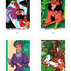May include: Four colorful cartoon images of Disney characters. One shows a villain in red and purple clothing, another a lion with a black mane, a third a woman in a purple dress, and the last a tiger with orange and black stripes.