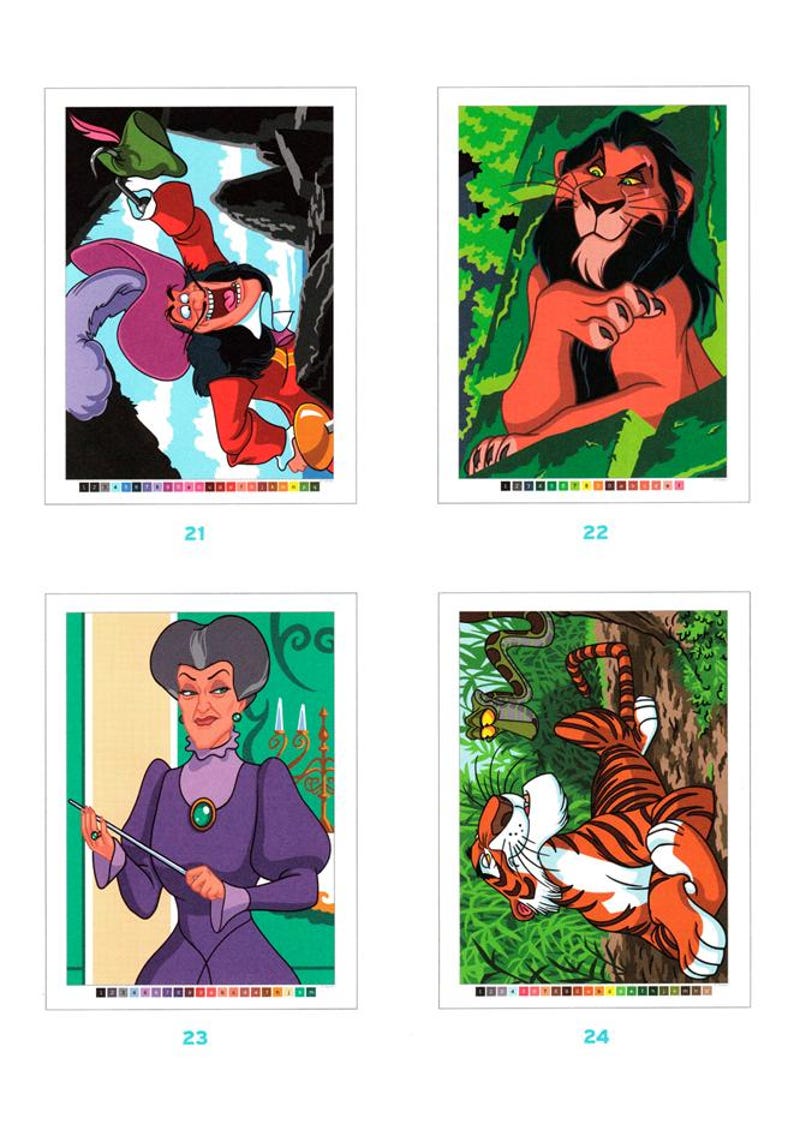 May include: Four colorful cartoon images of Disney characters. One shows a villain in red and purple clothing, another a lion with a black mane, a third a woman in a purple dress, and the last a tiger with orange and black stripes.