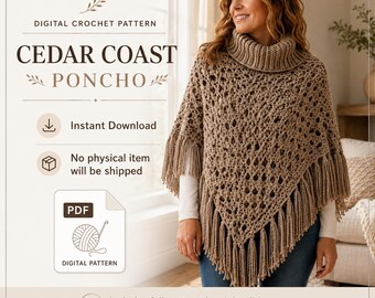 Crochet Poncho Pattern PDF, Cedar Coast Cowl Poncho, Women and Girls Sizes, Fringed Boho Wrap, DK Yarn, English US Terms
