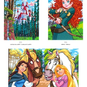 May include: Coloring book pages featuring illustrations of Disney characters. One shows a castle in a forest, another a red-haired archer, and the last features Belle and Rapunzel with horses. Text includes "Ch&acirc;teau de la B&ecirc;te", "M&eacute;rida", and "Belle et Raiponce".