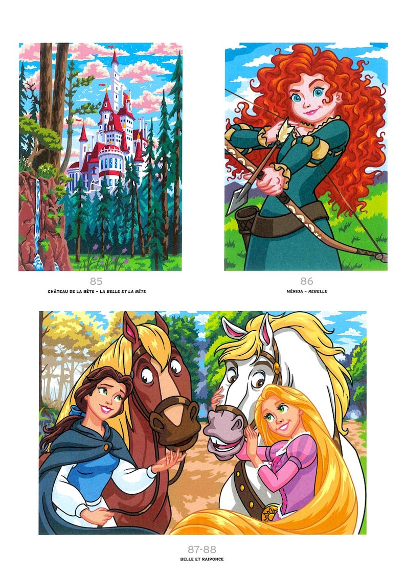 May include: Coloring book pages featuring illustrations of Disney characters. One shows a castle in a forest, another a red-haired archer, and the last features Belle and Rapunzel with horses. Text includes "Ch&acirc;teau de la B&ecirc;te", "M&eacute;rida", and "Belle et Raiponce".