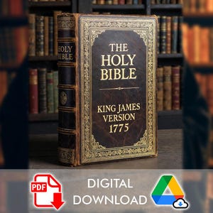 Puede incluir: Una edición antigua de la Santa Biblia, versión King James, fechada en 1775. El libro tiene una cubierta marrón oscuro con letras doradas y bordes decorativos. Las palabras "THE HOLY BIBLE" se muestran de forma destacada. Descarga digital disponible.