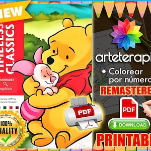 Puede incluir: Un libro para colorear imprimible con Winnie the Pooh y Piglet. La portada muestra el texto "TIMELESS CLASSICS" y "100% QUALITY". La imagen también incluye el texto "PRINTABLE" y "DOWNLOAD".