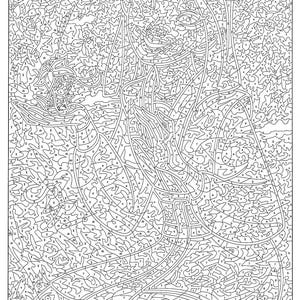 May include: Black and white color-by-number activity page featuring a detailed illustration of a woman with long hair and a flower in her hair. The image is divided into numerous numbered sections, ready to be colored.