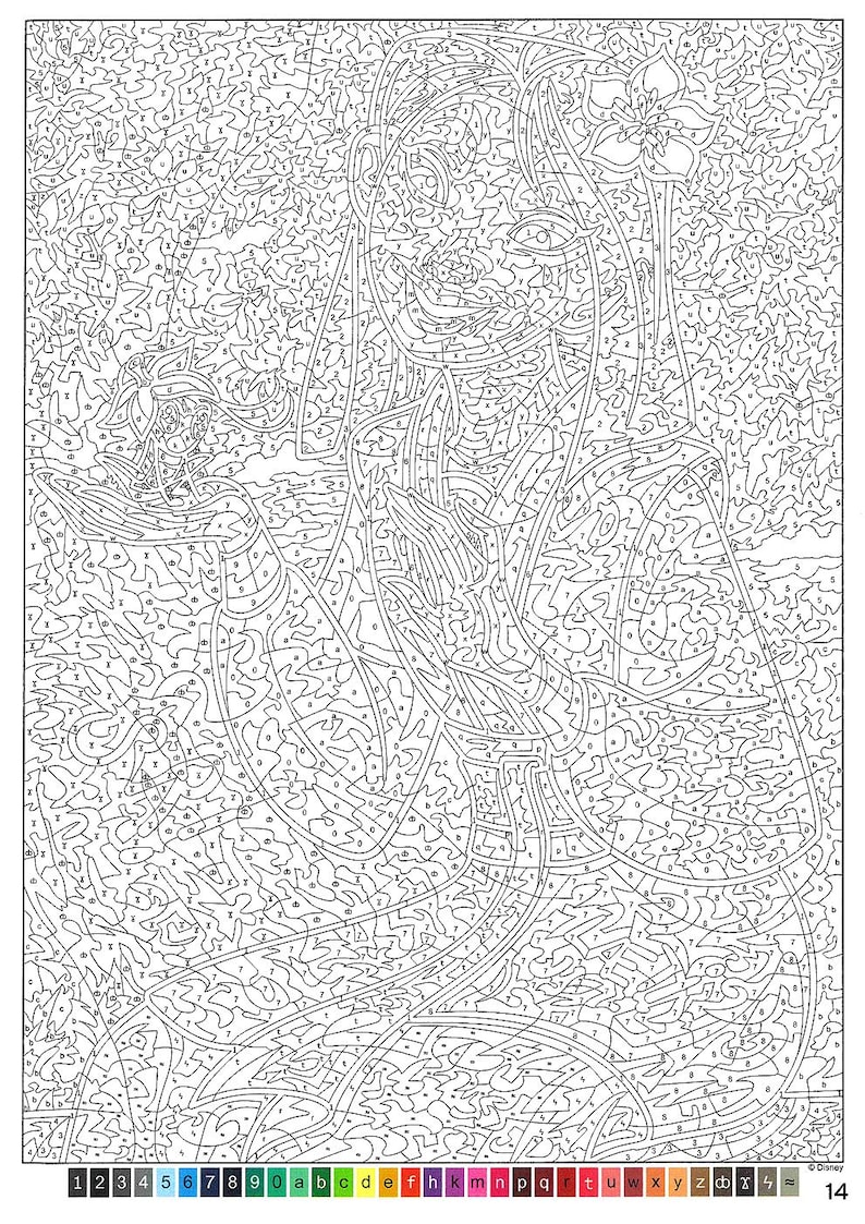 May include: Black and white color-by-number activity page featuring a detailed illustration of a woman with long hair and a flower in her hair. The image is divided into numerous numbered sections, ready to be colored.