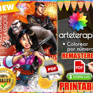 Puede incluir: Un libro para colorear en PDF imprimible con personajes de una película de animación clásica. La portada muestra ilustraciones de los personajes, con el texto "NEW", "TRÈS GRAND CLASSIQUES" y "100% QUALITY". La imagen también incluye el texto "arteterapia" y "REMASTERED".
