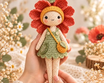 Poppy Meadow Sprite Crochet Pattern PDF, Flower Doll Amigurumi Pattern, Removable Bonnet & Dress, English Spanish