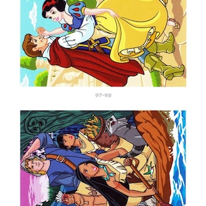 Peut inclure: Deux illustrations color&eacute;es d'un livre pour enfants. L'image du haut montre Blanche-Neige et le Prince Charmant. L'image du bas montre Pocahontas et d'autres personnages. Les num&eacute;ros "97-98" et "99-100" sont imprim&eacute;s en dessous.