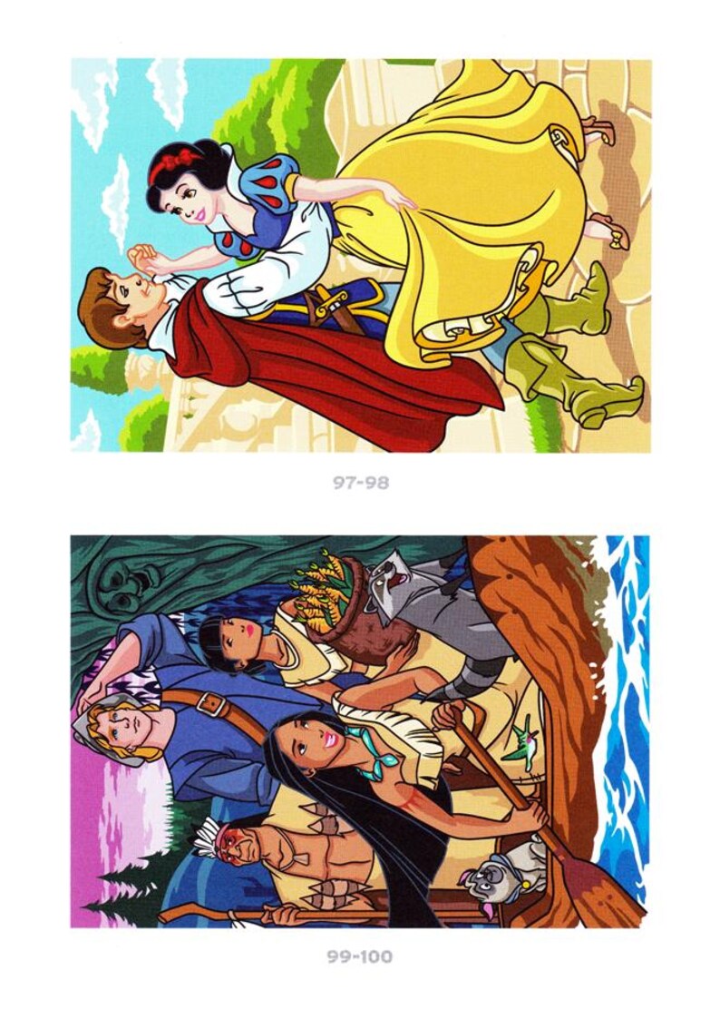 Peut inclure: Deux illustrations color&eacute;es d'un livre pour enfants. L'image du haut montre Blanche-Neige et le Prince Charmant. L'image du bas montre Pocahontas et d'autres personnages. Les num&eacute;ros "97-98" et "99-100" sont imprim&eacute;s en dessous.