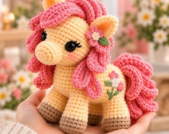 Rosalie Meadow Pony Crochet Pattern PDF, Floral Pony Amigurumi Pattern, Crochet Horse Pattern, Curly Mane Pony, English Spanish