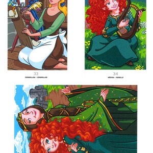 May include: Three illustrations from a children's book. Cinderella is writing at a desk, Merida plays a harp, and Merida and Elinor are together. Text at the bottom of each image identifies the characters.