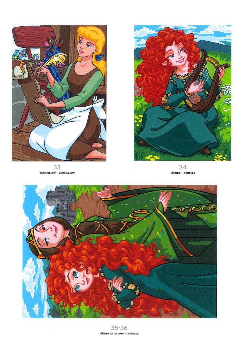 May include: Three illustrations from a children's book. Cinderella is writing at a desk, Merida plays a harp, and Merida and Elinor are together. Text at the bottom of each image identifies the characters.