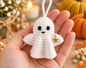 Ghost Crochet Pattern PDF, Mini Amigurumi Keychain Charm, Low-Sew Halloween Ghost, English + Spanish Pattern