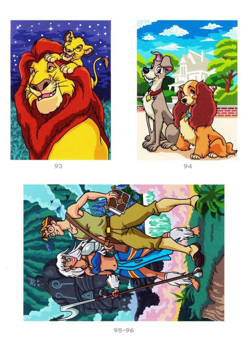 Peut inclure: Trois illustrations color&eacute;es de personnages Disney. La premi&egrave;re montre Simba et Mufasa du Roi Lion. La seconde pr&eacute;sente Lady et Clochard de La Belle et le Clochard. La troisi&egrave;me repr&eacute;sente Milo et Kida d'Atlantide, l'empire perdu.