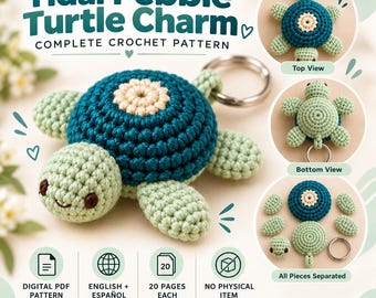 Crochet Turtle Keychain Pattern PDF, Sea Turtle Amigurumi Pattern, Mini Turtle Bag Charm, English + Spanish