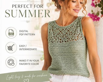 Summer Crochet Top Pattern PDF, Meadowlace Sleeveless Lace Yoke Top, Women XS-5XL, Cropped or Regular, English US Terms