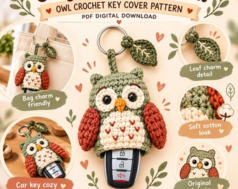 Owl Key Cover Crochet Pattern PDF, Car Key Fob Cozy, Sagewing Owl Bag Charm, Bilingual English Spanish Digital Pattern