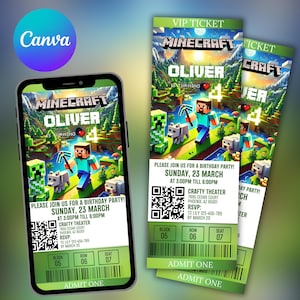 Minecrafter Einladungskarte Vorlage V2 für Geburtstagsfilmparty | Bearbeitbare druckbare digitale Einladung | Canva-Vorlage | Sofort Download