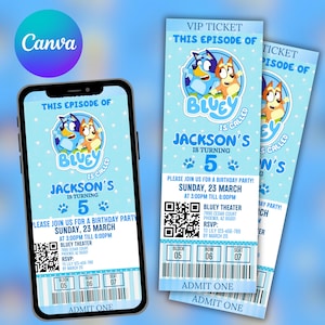 Plantilla de invitación de cumpleaños de Bluey / Invitación de cumpleaños editable de Blue Dog / Invitación de entrada de película de Bluey / Canva editable