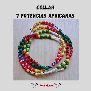 May include: A set of colorful beaded necklaces. The necklaces are made of small beads in various colors, including red, yellow, green, black, white, and blue. The text "COLLAR 7 POTENCIAS AFRICANAS" is displayed at the top. The Agbalona logo is at the bottom.