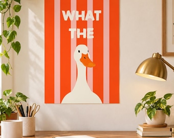 What the Duck Wall Print | Funny Animal Poster, Orange and Pink Striped Kitchen Decor