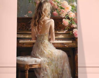 Piano Wall Art - Vintage Romantic Woman Poster, Floral Music Print, Elegant Classical Decor
