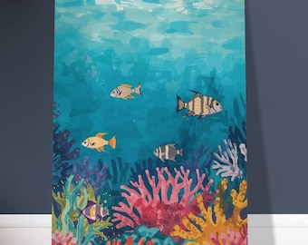 Colorful Coral Reef Tropical Fish Poster - Painterly Underwater Wall Art, Modern Decor