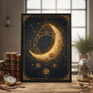 スチームパンクな月のウォールアート、時計仕掛けの天体ポスター、ゴシックな室内装飾、ビクトリア朝のアートプリント、三日月ギフト、スチームパンクな装飾