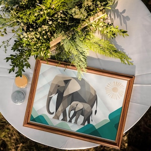 Elephant Duo Wall Art - Illustrazione geometrica neutra di animali selvatici - Poster ecologico