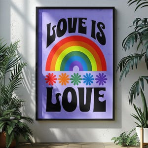 Love Is Love Rainbow Poster – 70s Retro Pride Wall Art Print, Colourful LGBTQ+ Home Decor, Positive Quote Art for Bedroom or Living Room