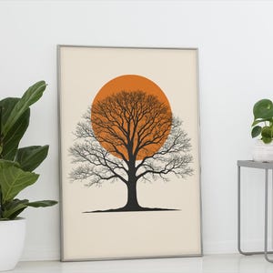 Poster di quercia arancione con sole - Stampa minimalista con silhouette della natura / Stampa ecologica semi-lucida da parete