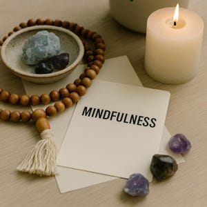 Mindfulness Stock Photo - Kristalle, Mala Perlen & Kerze | Spiritualität für Canva, Social Media, Website | JPG Herunterladen