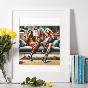 Poster di modelli chic - Arte di divano da lettura alla moda, decorazione di stivali con tacco alto, arte murale alla moda
