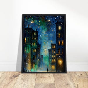 Surreal Night City Poster: Vibrant Urban Art Print in Black Frame