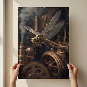 May include: A steampunk-style artwork featuring a mechanical dragonfly with intricate details. The dragonfly is gold-colored, with transparent wings, set against a backdrop of gears, pipes, and machinery in shades of bronze and brown. Smoke rises in the background, enhancing the industrial theme.