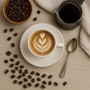 コーヒーのフラットレイストックフォト - ラテアートと豆 | ソーシャルメディア、ブログ、Canva 向けの居心地の良いカフェシーン | デジタル JPG ダウンロード