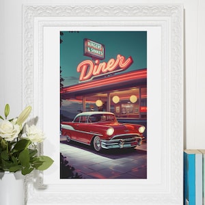 Retro Diner Poster: Classic Red Car, Vintage Americana Wall Art