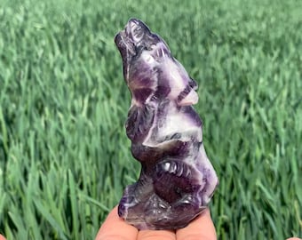 3.5&#39;&#39;+ Natural Dream amethyst quartz,quartz crystal,Crystal Wolf,Wolf Skull,Hand Carved Crystal Gifts 1pc