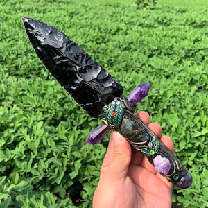 9.8&#39;&#39;+ Natural Obsidian quartz,quartz crystal,hand carved,crystal knife,knife skull,Crystal specimen,Crystal Gifts 1pc
