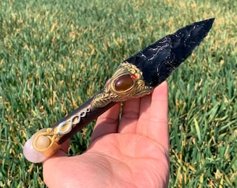 8.4&#39;&#39;+ Natural Obsidian quartz,quartz crystal,hand carved,crystal knife,Dagger skull,Crystal specimen,Crystal Gifts 1pc
