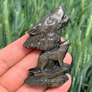 3&#39;&#39;+ Natural Golden obsidian quartz,quartz crystal,hand carved,Crystal Wolf specimen,Wolf skull,Crystal Gifts 1pc