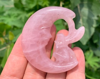 1.7&#39;&#39;+ Natural Pink Rose quartz,quartz crystal,hand carved,Crystal Moon Flower Fairy,Angel skull,Crystal Gifts 1PC